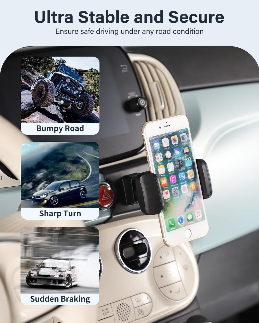 Auto Handyhalterung Kompatibel mit Fiat 500 2016-2024 Mittelkonsole Auto Handy Ständer 360° Drehung