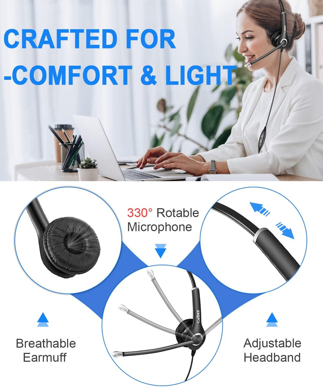 Callez Headset PC 3,5mm Klinke mit Mikrofon Noise Cancelling, On-Ear Stereo Kopfhörer Handy für Lapt