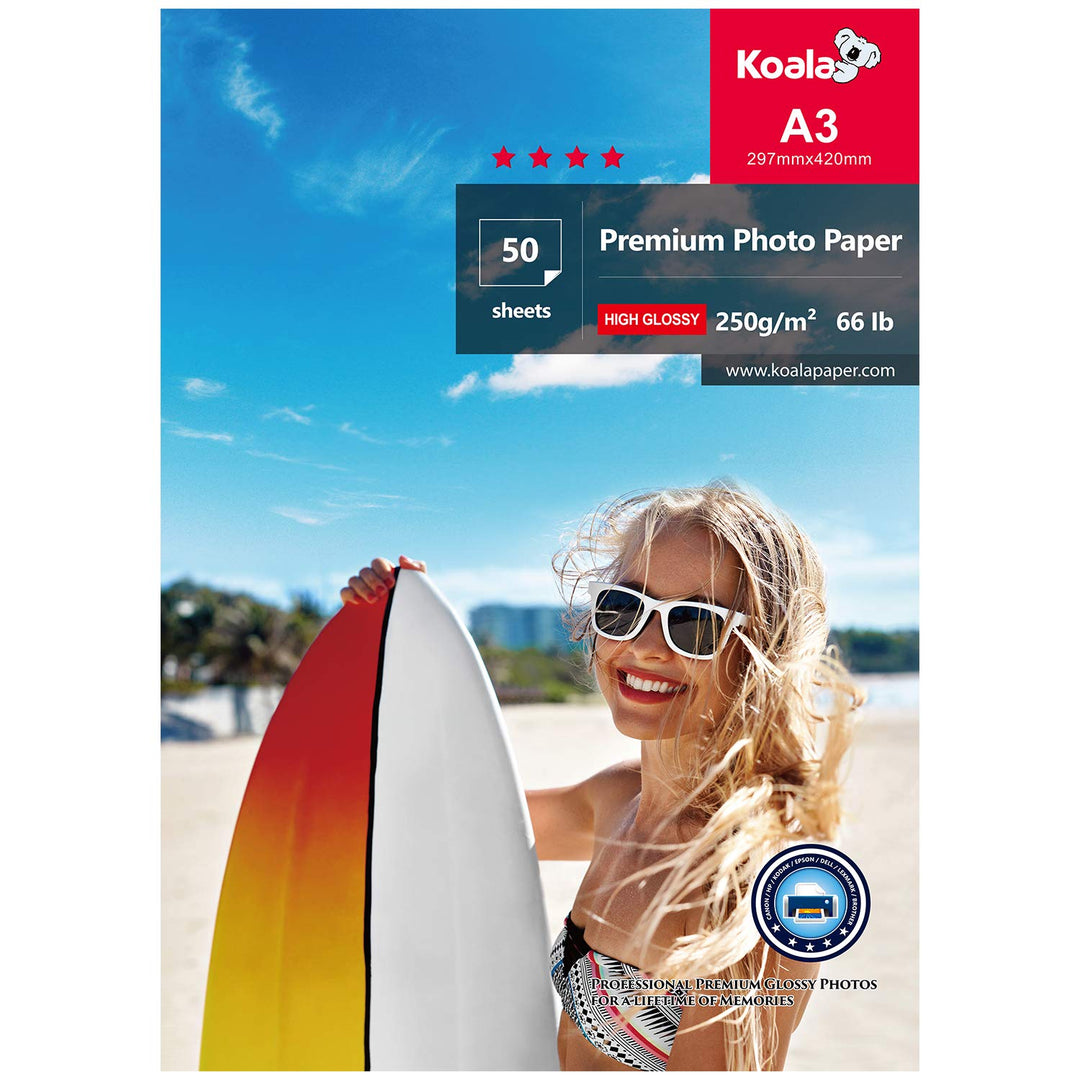 Koala Fotopapier für Canon HP Epson Tintenstrahldrucker, glänzend, A3, 297 x 420 mm, 250 g/m², 50 Bl