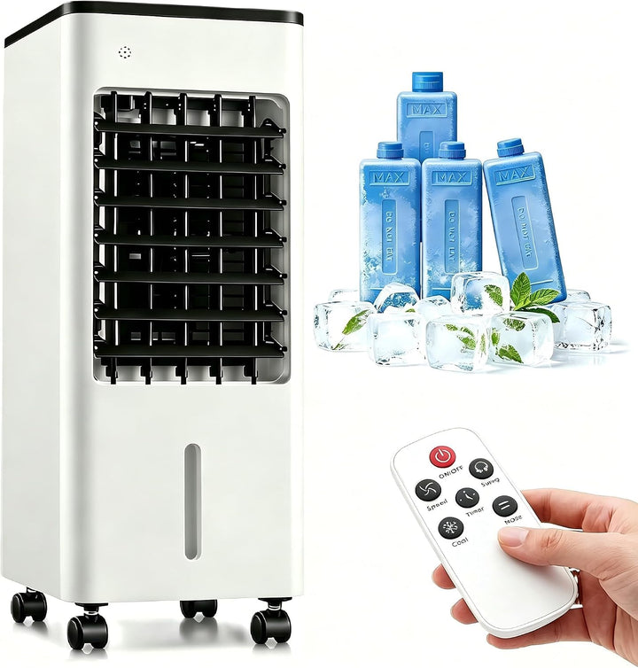 Ventilator mit Wasserkühlung, 6-Liter Verdunstungskühler mit Fernbedienung & 2 Kühlakkus, 4-in-1-Rau