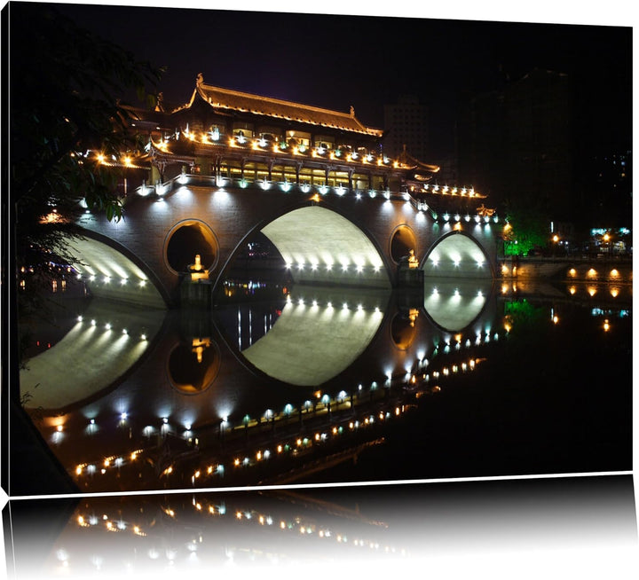 Dark hellerleuchtete chinesische Brücke Leinwand, XXL riesige Bilder fertig gerahmt mit Keilrahmen,