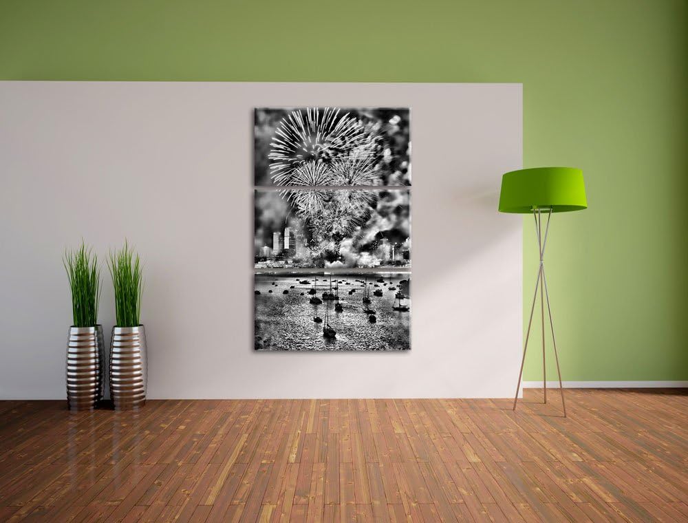 Pixxprint Monocrome, Boot auf See Feuerwerk 3-Teiler Leinwandbild 120x80 Bild auf Leinwand
