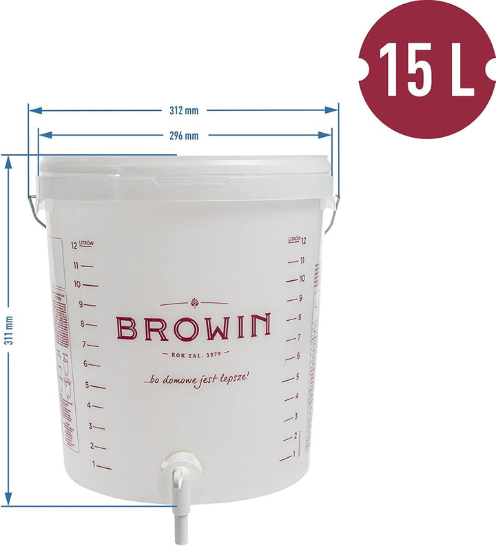 Browin 340416 Weisser Gärbehälter 15 L, mit rotierendem Abflusshahn und Deckel - Skala, zur Gärung v
