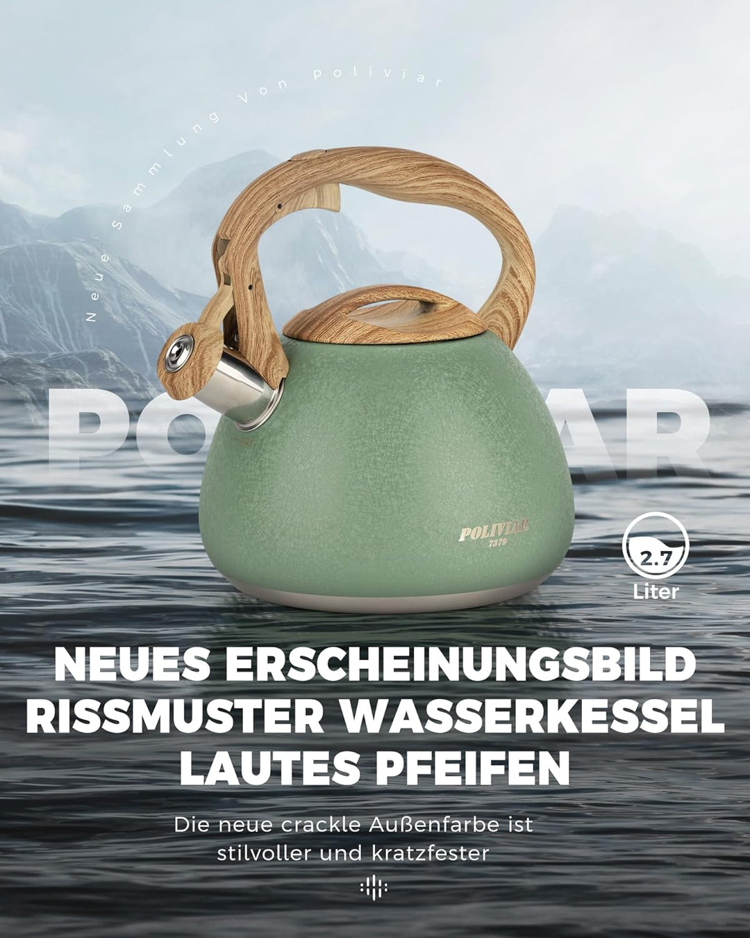 Poliviar Teekessel Induktion - Wasserkessel für Induktion und Gasherd - 2,7L Flötenkessel mit Holzma