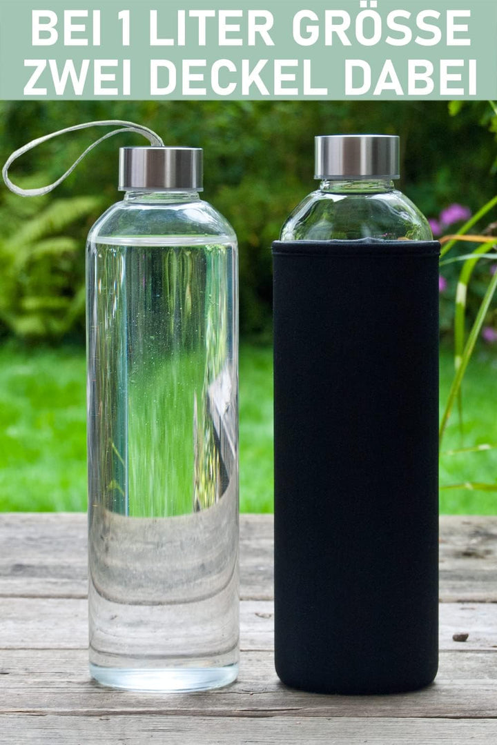 T&N Glasflasche 1 Liter / 750ml / 500ml – Trinkflasche Glas 1l mit Neoprenhülle – Wasserflasche Ausl