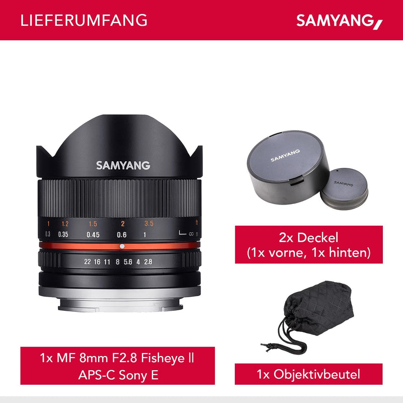 Samyang 8/2,8 Objektiv Fisheye II APS-C Sony E manueller Fokus Fotoobjektiv, Superweitwinkelobjektiv