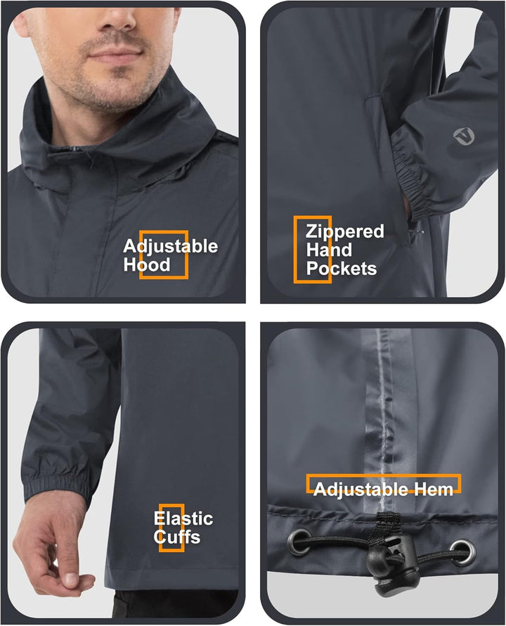 Outdoor Ventures Herren Regenjacke Wasserdichter Pullover mit Kapuze Packbare Reflektierende Jacke L