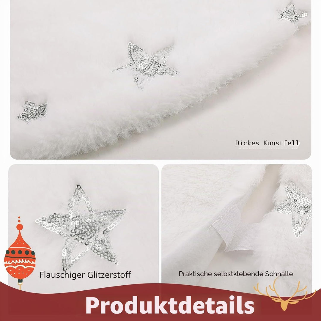 KONVINIT Weihnachtsbaumdecke Round Christbaumdecke Weiss Luxus Kunstfell Weihnachtsbaumrock mit Pail