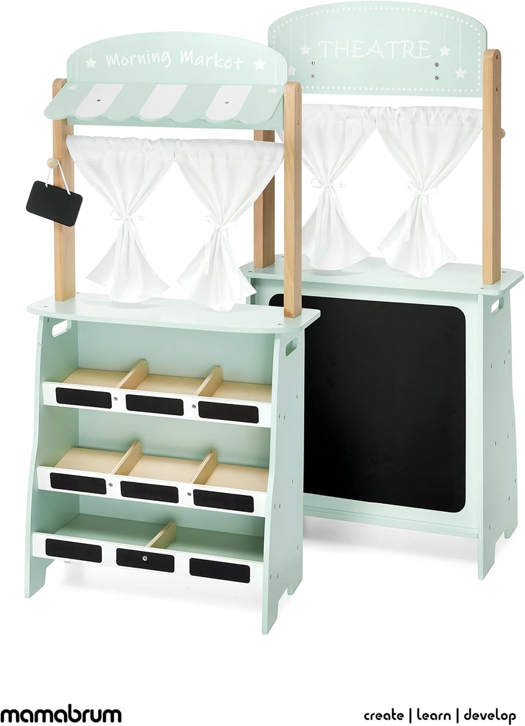 mamabrum 2-in-1 Kaufladen & Theater-Set, Holz-Marktstand mit Waage & Bezahlterminal, 16-teilbares Ob