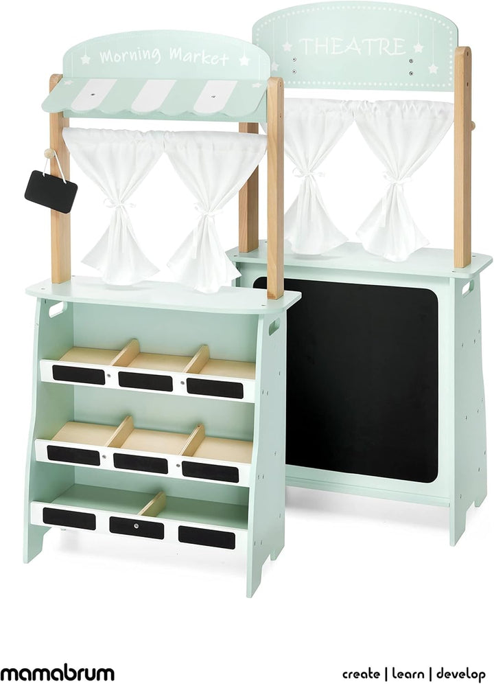 mamabrum 2-in-1 Kaufladen & Theater-Set, Holz-Marktstand mit Waage & Bezahlterminal, 16-teilbares Ob