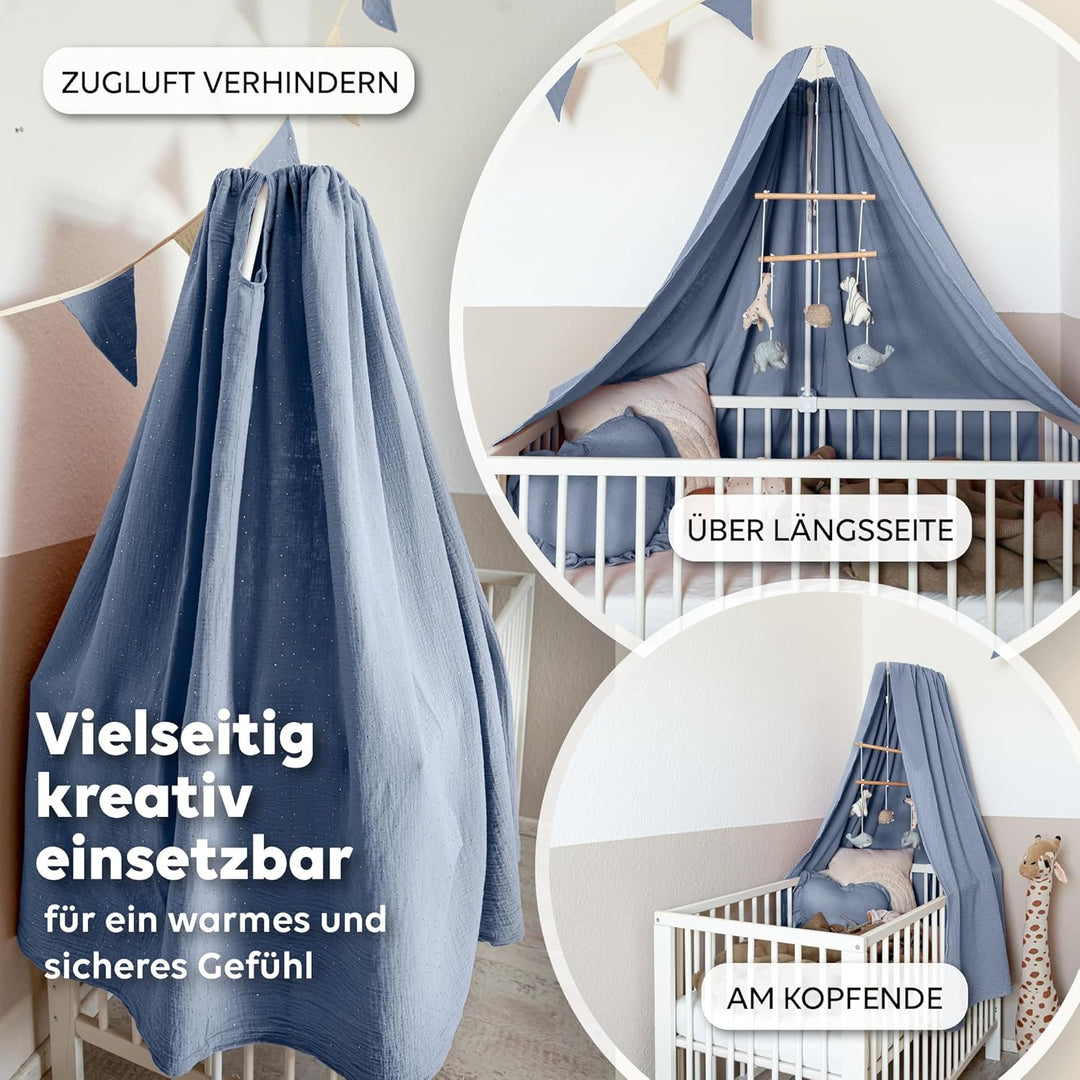 Betthimmel Babybett mit Goldapplikationen [in 12 Farben] Himmel Babybett aus 100% Baumwolle Musselin