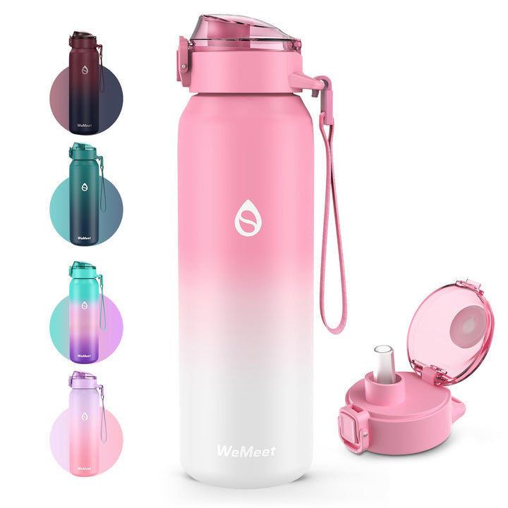 WEMEET Trinkflasche 18/10 Edelstahl mit Abnehmbare Strohhalm 1000ML, Auslaufsicher Edelstahlflasche