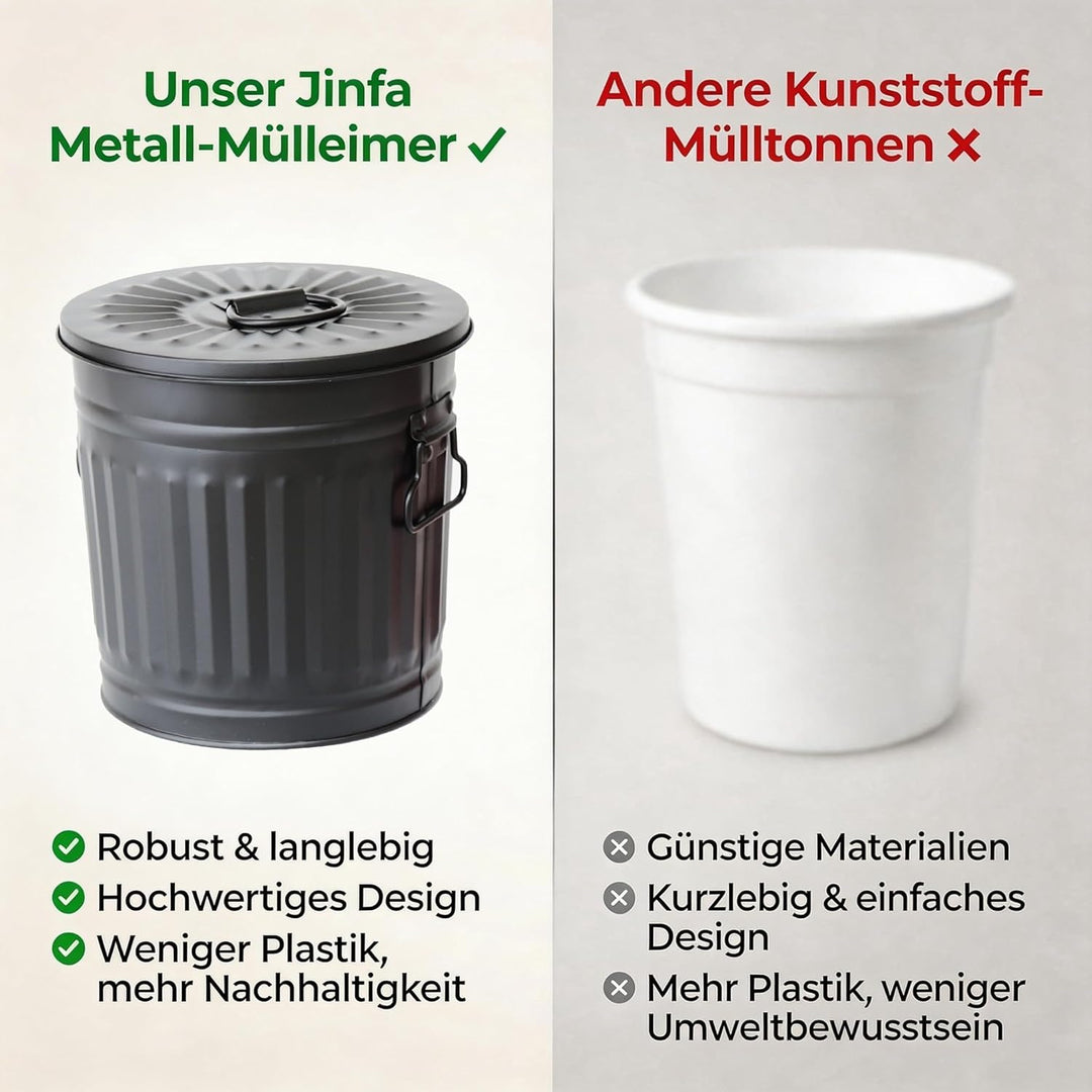 Jinfa Bio Mülleimer Küche 7L schwarz aus Metall Tischmülleimer mit Deckel Blech Eimer Kosmetikeimer