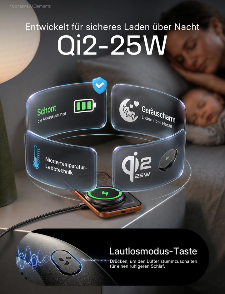 LISEN Qi2.2 25W Magnetisches Kabelloses Ladegerät mit Kühlventilator