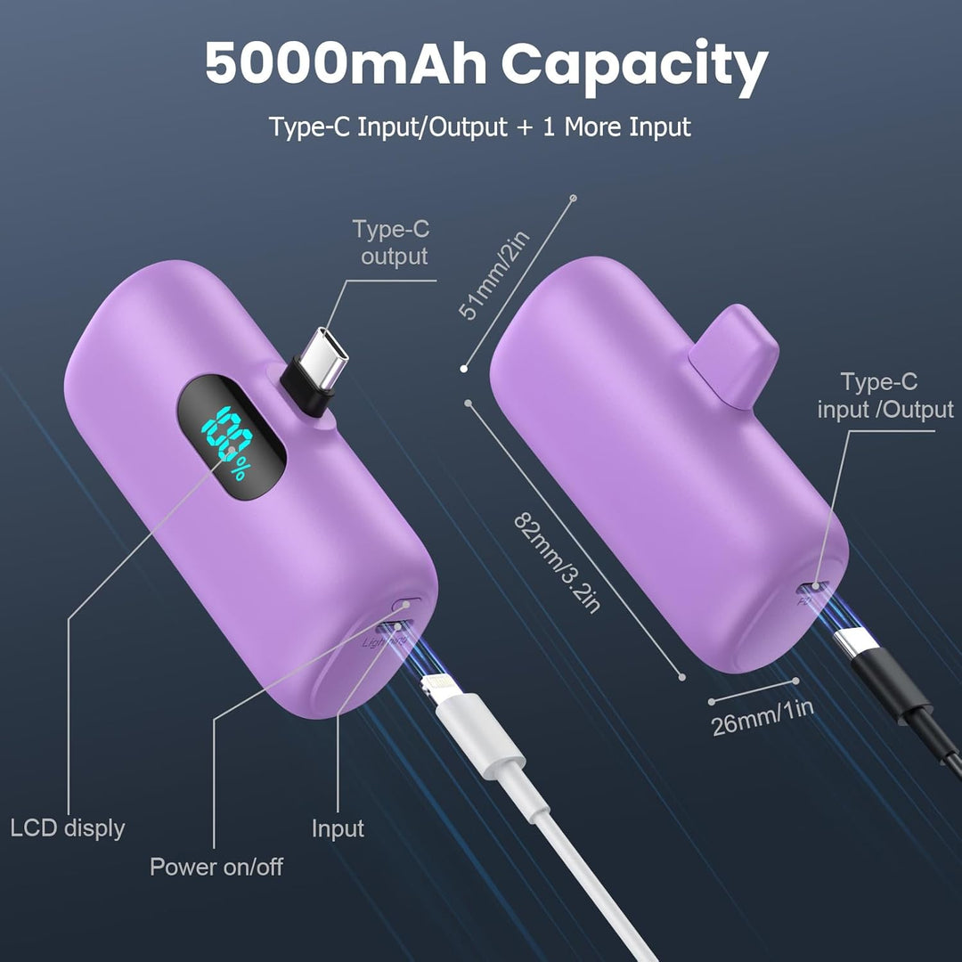 Feob Power Bank USB C 5000mAh, 15W PD 3.0A Schnelles Aufladen Powerbank Schlank LCD Display Extrener