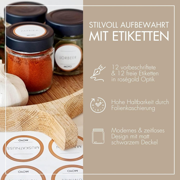 MOYO Gewürzgläser - hochwertige Gewürzdosen Made in Germany - 12er Set Gewürzbehälter mit Etiketten