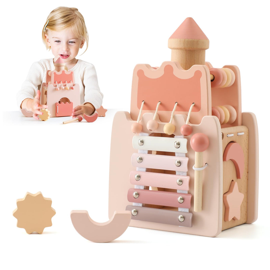 Promise Babe Montessori Spielzeug Baby Holzspielzeug,5 in 1 Rosa Schloss Lernspielzeug Motorikwürfel
