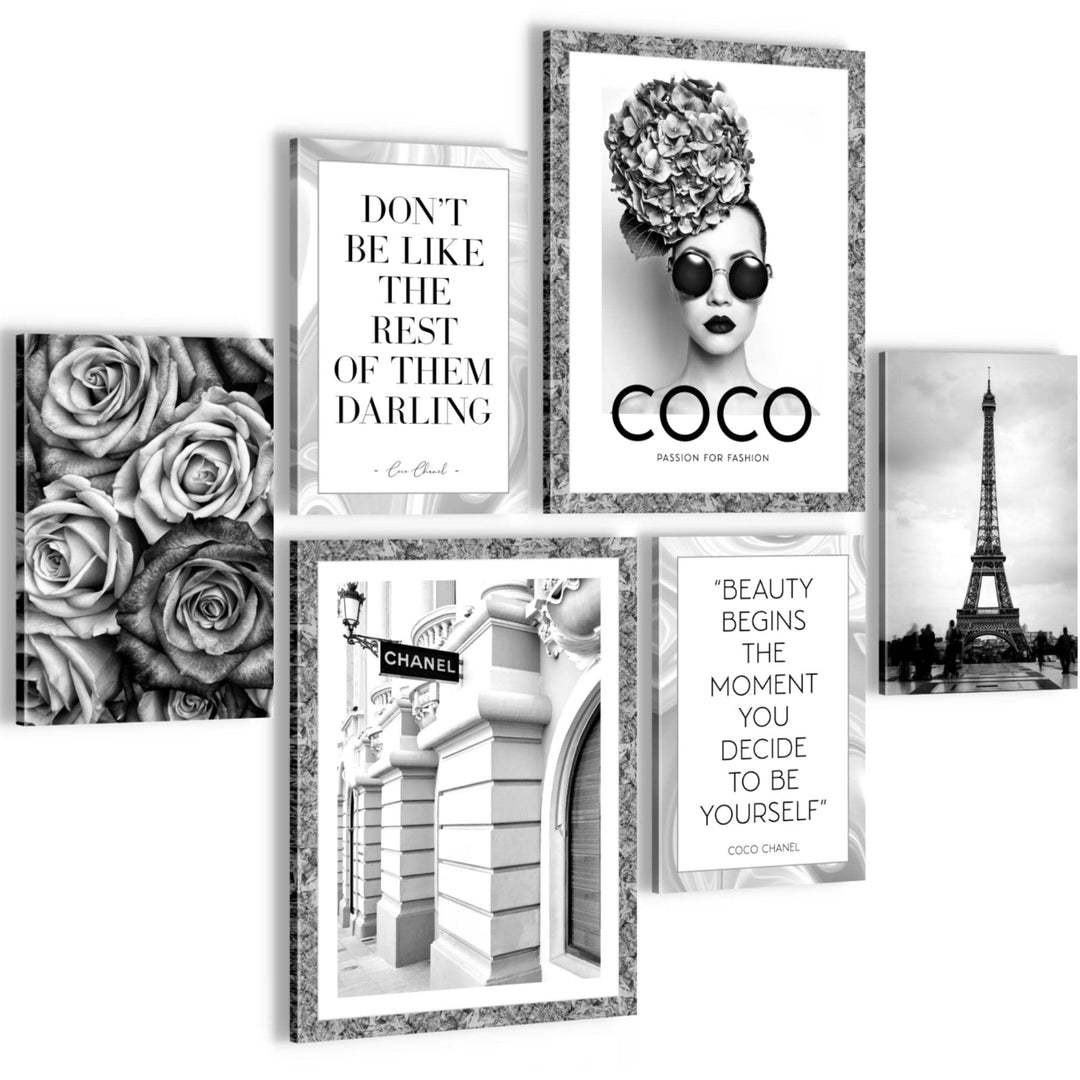 Novart Wandbilder Set Fashion Coco Schwarz Weiss - KEIN EXTRA RAHMEN BENÖTIGT - Modern Deko - Wohnzi
