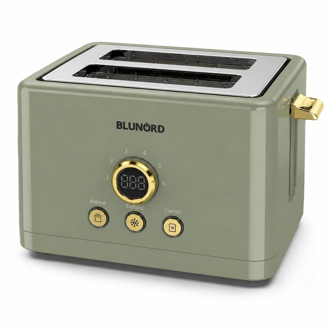 Toaster mit 2 Scheiben, digital, grün, 750 – 850 W, LED-Display, 6 Bräunungsstufen, Auftau- und Aufw