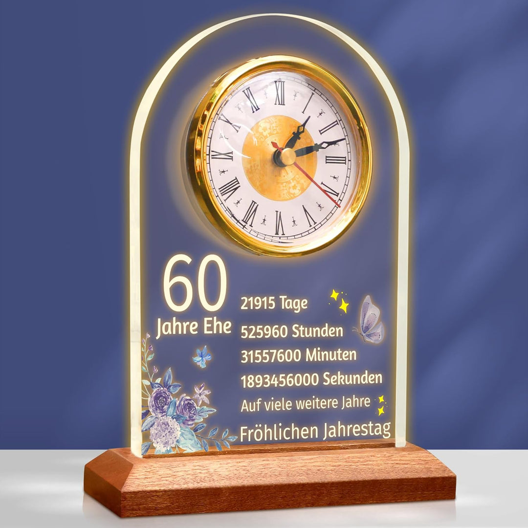 OkiyiD 60. Jahrestag Hochzeit Geschenk, Jahrestag Quarzuhr, Schreibtisch Tisch Uhr, 60 Jahre Ehe, Di