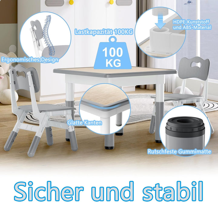 AufuN Kindertisch mit 2 Stühlen, Kindertischgruppe mit Verstellbarer Höhe, Kinderzimmertisch & -stuh