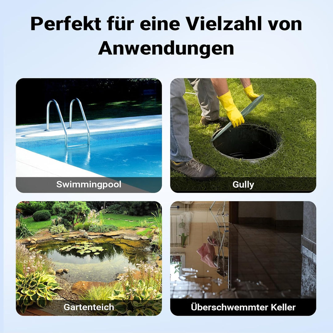 Wiltec Tauchpumpe mit Schwimmer 900 W, flachabsaugende Pumpe bis 1 mm, Tiefbrunnenpumpe 9 m Förderhö