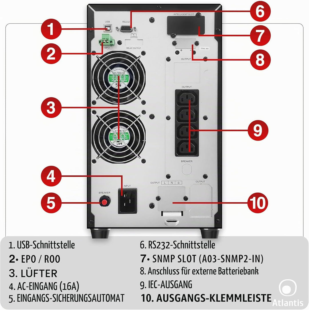 Atlantis A03-OP3002P PRO UPS OnLine USV-Server Doppelwandlung Reine Sinuswelle 3000 VA 2700 W, Tower