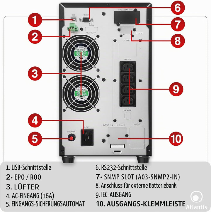 Atlantis A03-OP3002P PRO UPS OnLine USV-Server Doppelwandlung Reine Sinuswelle 3000 VA 2700 W, Tower