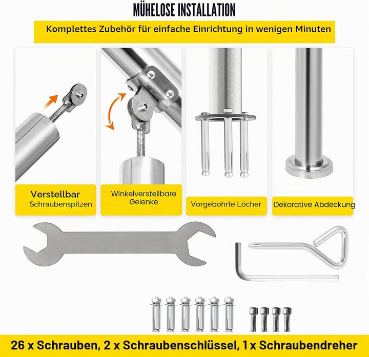 Happybuy Treppengeländer 3 Stufen, Hauseingang Handlauf Edelstahl mit Pfosten, Verstellbare Eingangs