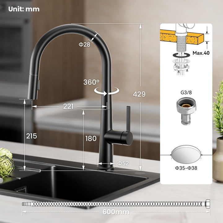 CECIPA Wasserhahn Küche Schwarz, Hoher Bogen Hochdruck Küchenarmatur mit Brause Ausziehbar Armatur,