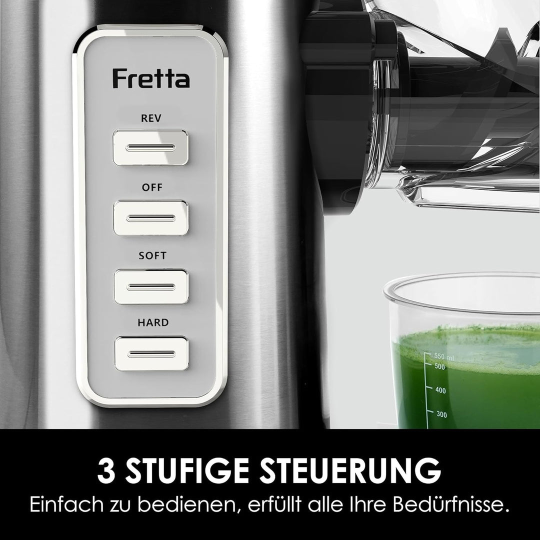 Fretta Entsafter Slow Juicer, Edelstahl Entsafter Gemüse und Obst Testsieger, 200W Cold Press Juicer