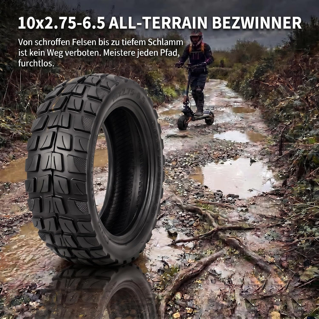 10 Zoll 10x2.75-6.5 Offroad Reifen und 2mm Verdickter Schlauch, All-Terrain E-Scooter Ersatzreifen k
