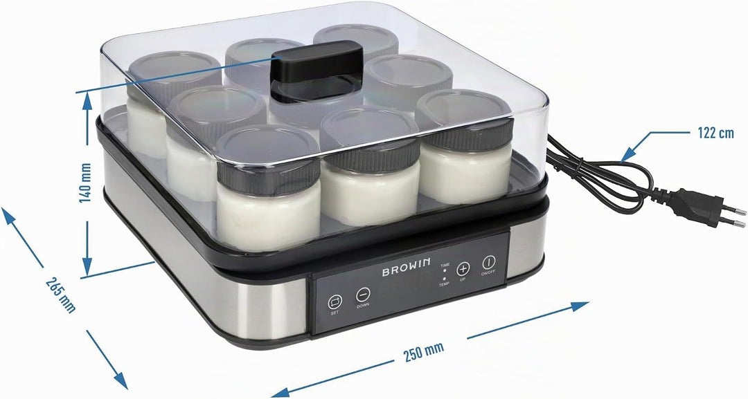 BROWIN® Joghurt-Maker mit Thermostat, Joghurtbereiter mit 1,6 l Fassungsvermögen, 9 Gläser, Weiss |