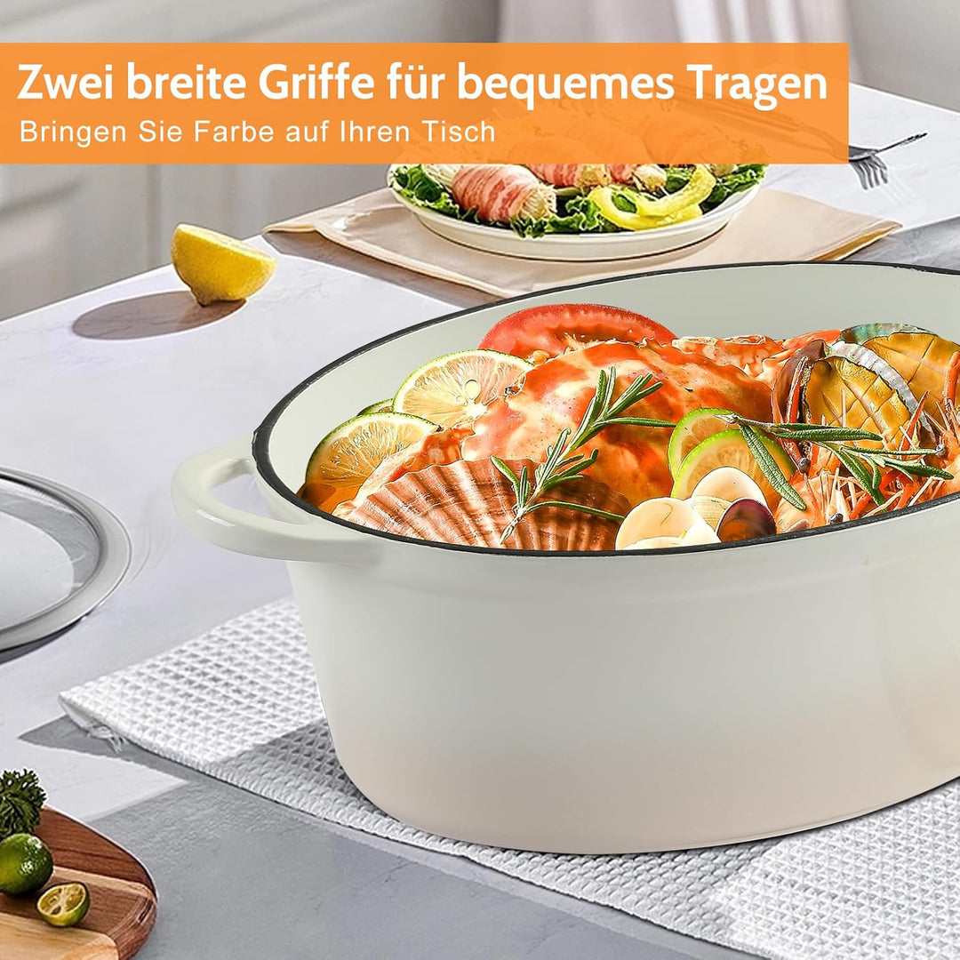 Gusseisen Bräter mit Deckel, Oval Gusseisen Topf 6.6L, Emaille Topf Gross Backofengeeignet, Schmorto