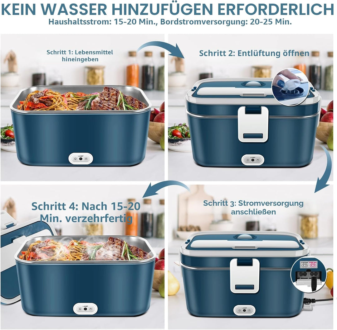 Elektrische Lunchbox 120W 3-in-1 12V/24V/220V Brotdose Elektrisch für Auto, LKW, Büro 1,8L Beheizte