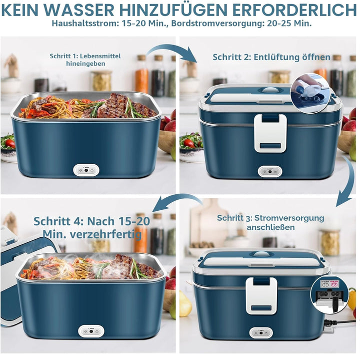 Elektrische Lunchbox 120W 3-in-1 12V/24V/220V Brotdose Elektrisch für Auto, LKW, Büro 1,8L Beheizte