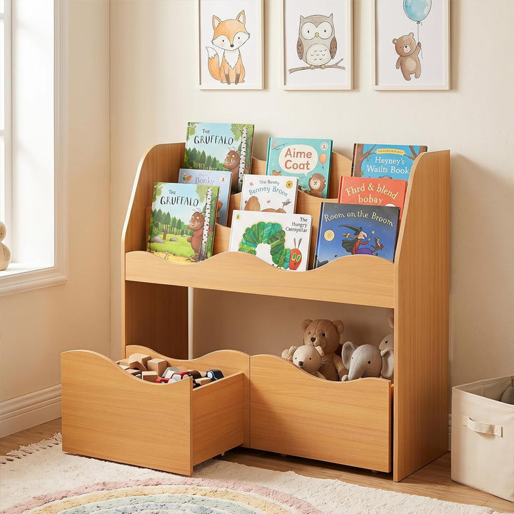 COSTWAY Kinderregal mit 2 Boxen auf Rollen (Natur) | Bücherregal Kinder mit 3 wellenförmigen Ebenen,