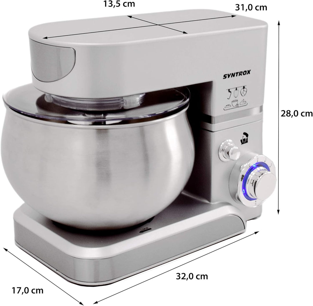 Syntrox Germany KM-5.0L Basic Silver Küchenmaschine Knetmaschine, Edelstahl-Behälter, 5 Liter, silbe