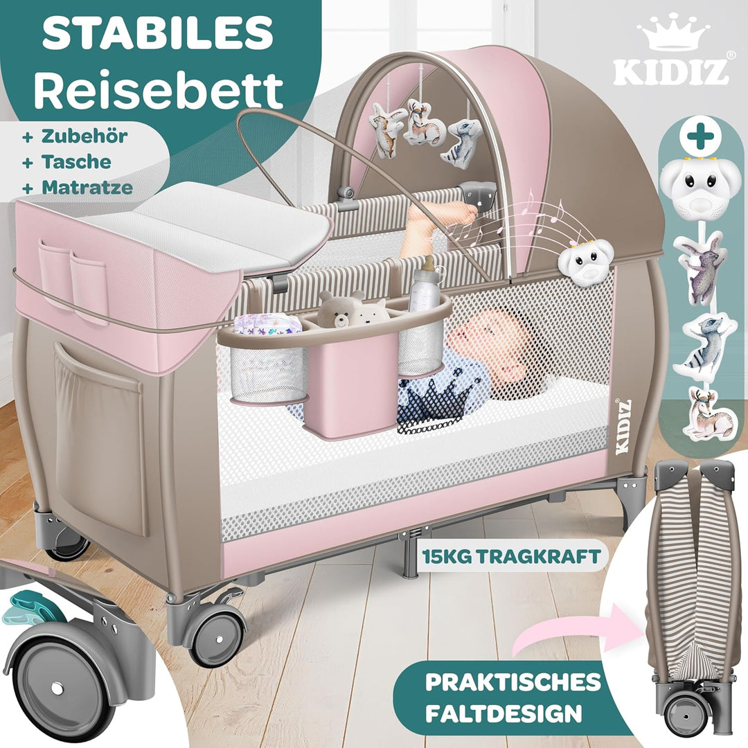 Kidiz® Babybett Reisebett Kinderreisebett klappbar mit Matratze & Räder 120x60, Seiteneingang, Wicke