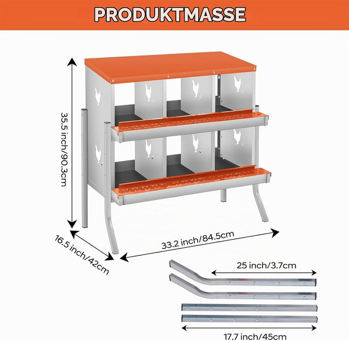 Legenester Für Hühner 6 Abteile, 84.5 x 42 x 90.3CM, Rollnestkasten Hühnernest Aus Metall Mit Auffan