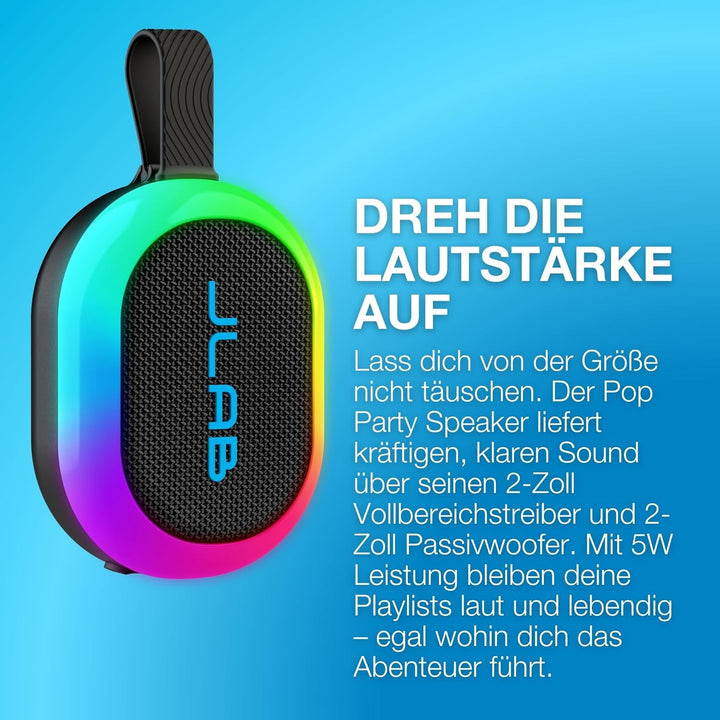 JLab Pop Party Ultrakompakter, tragbarer Bluetooth-Lautsprecher mit 8+ Std. Akku, 5W kabelloser, Kle