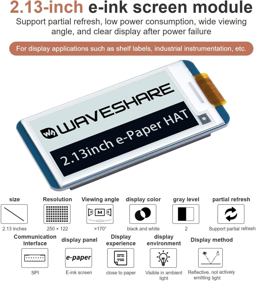 waveshare 2.13inch E-Paper Display HAT V4 Version 250x122 Resolution 3.3V/5V Two-Color e-Ink Display