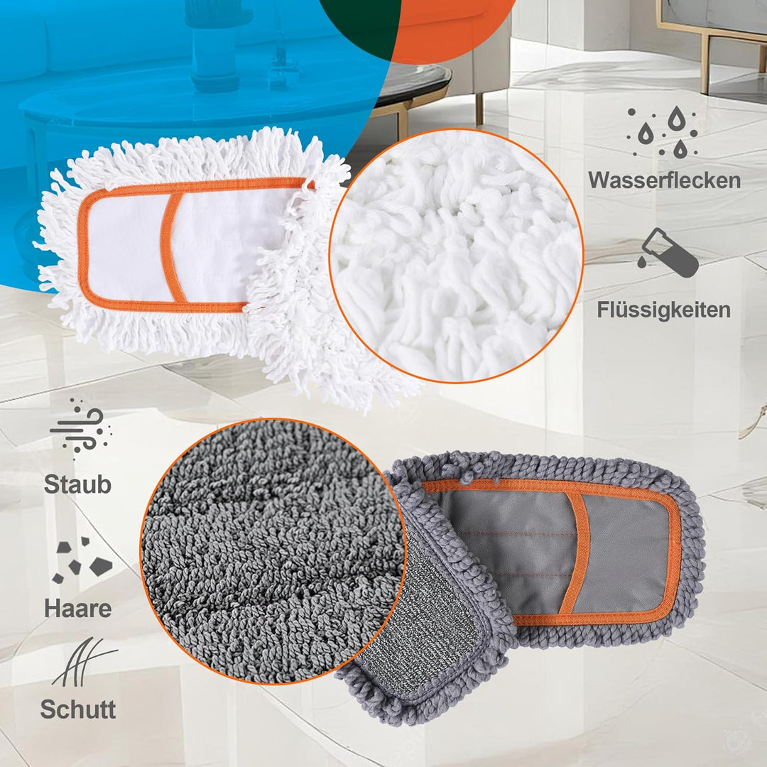 Bodenwischer Set mit 2 Waschbare Fasermopp-Pads und Ausziehbaren Langen Stiel（113-141CM）, Wischmopp