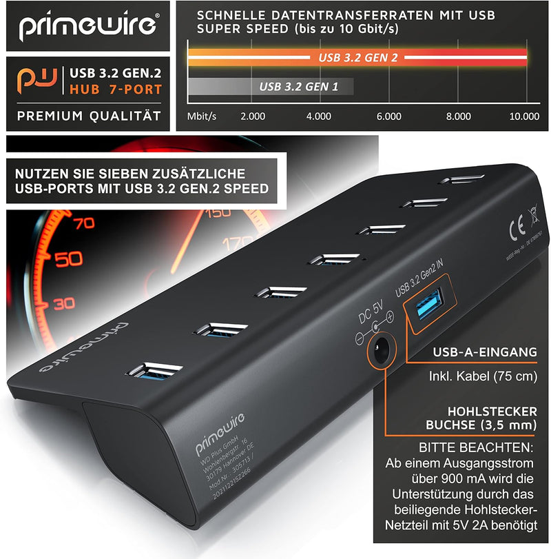 CSL - USB 3.2 Gen2 Hub - 7 Port Verteiler - 10 Gbit/s – mit Netzteil aktiv , USB-Kabel, Stromversorg