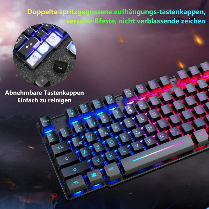 Gaming Tastatur und Maus mit Handballenauflage, QWERTZ Deutsches Layout Regenbogen LED Hintergrundbe