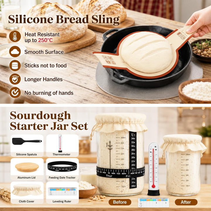 17 Stück Sauerteig Starter Set mit Gärkörbchen (2 Stück, 25cm), Gärkorb Brot Brotbackzubehör Mit Sau