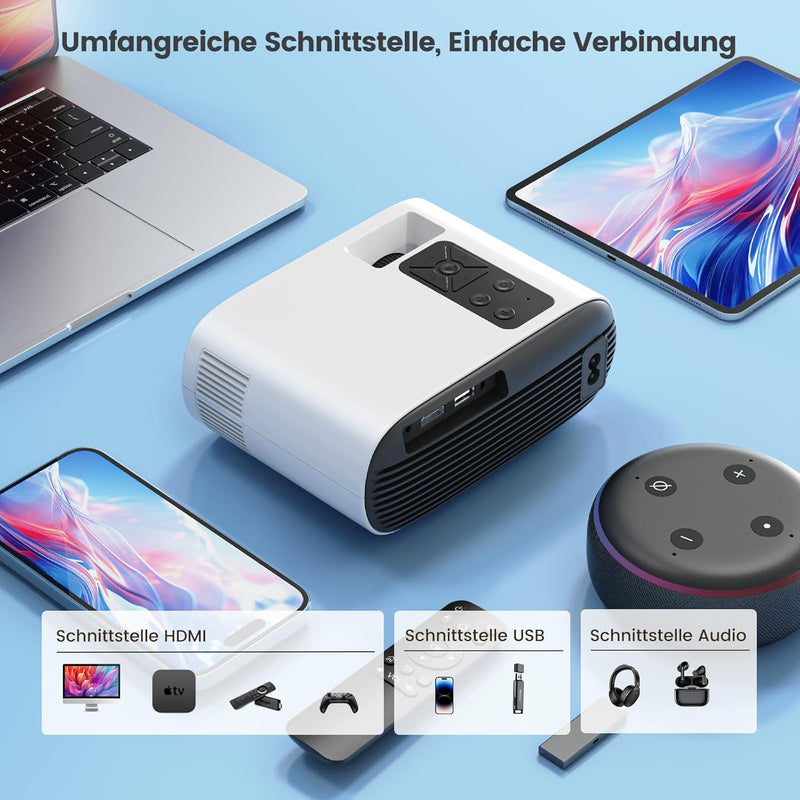 Mini Beamer Full HD 1080P Unterstützung,【Auto Keystone】WiFi Bluetooth Handy Klein Tragbarer Beamer H