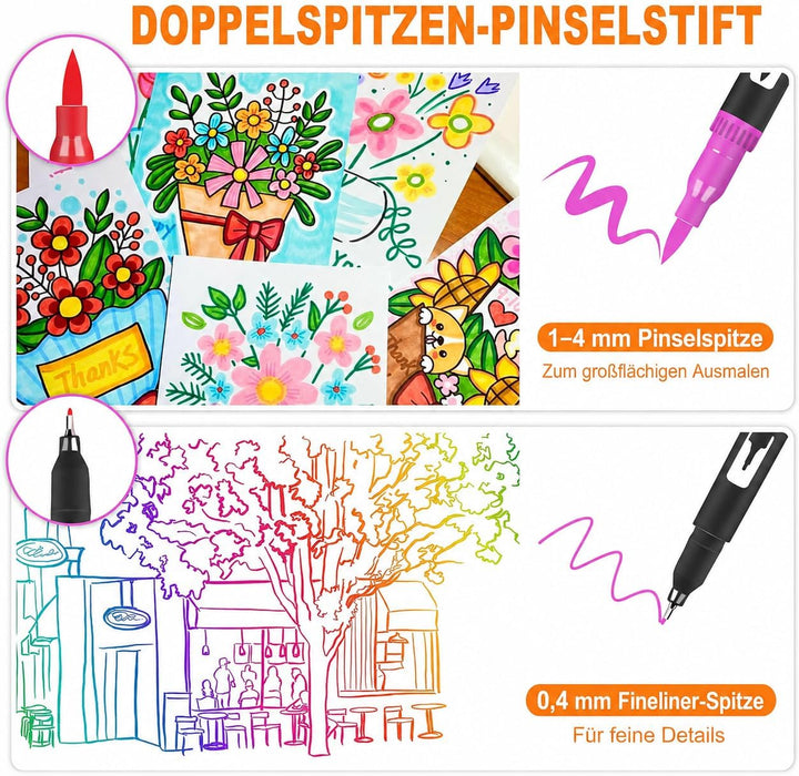 Lyuvie Filzstifte Set, 60 Farben Pinselstifte Aquarell Brush Pen Set für Kinder, 2 mm und 0,4 mm Pin