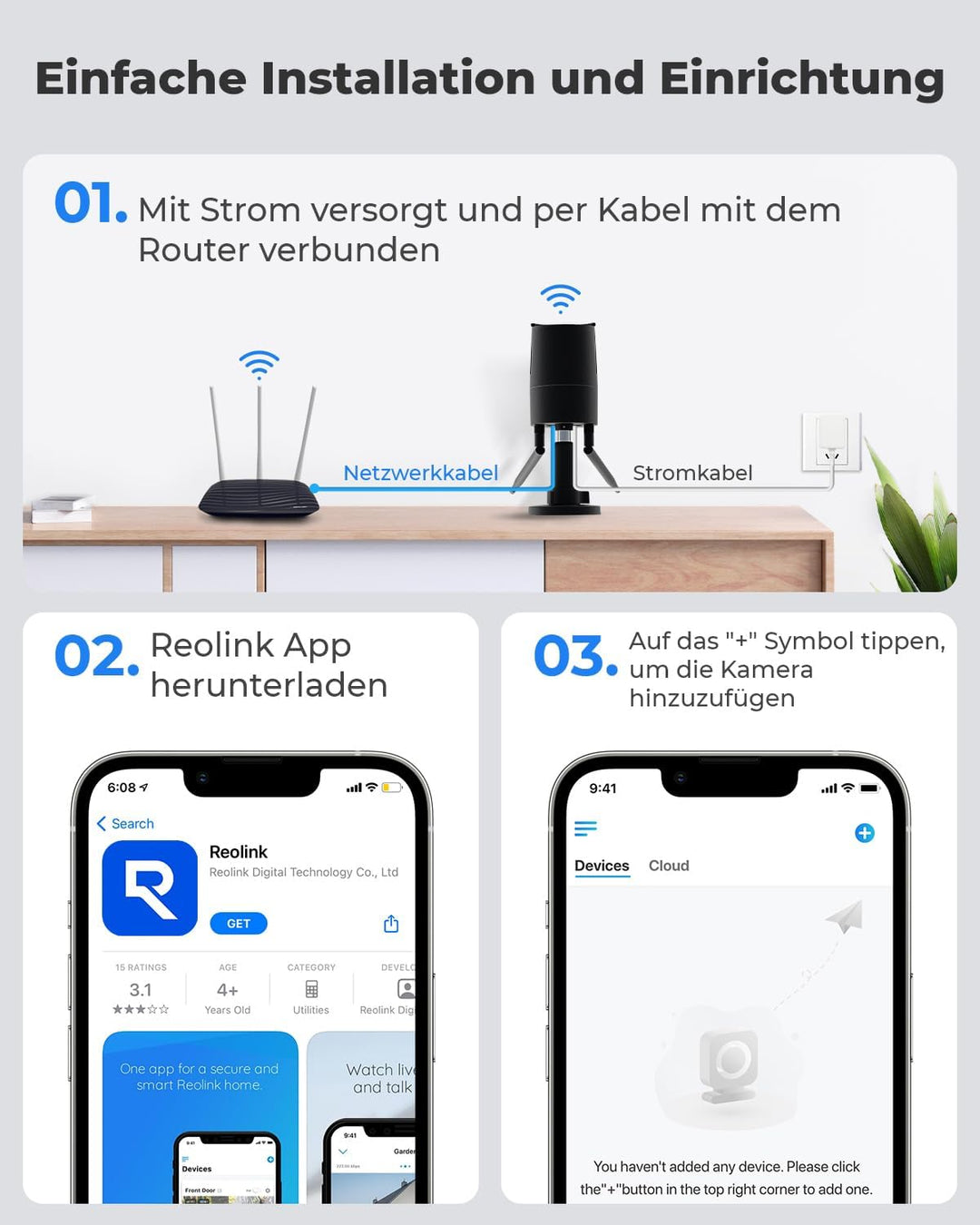 Reolink 2K+ Kabelgebundene Überwachungskamera Aussen, 2,4/5 GHz WLAN-Kamera Outdoor, IP66 Wetterfest