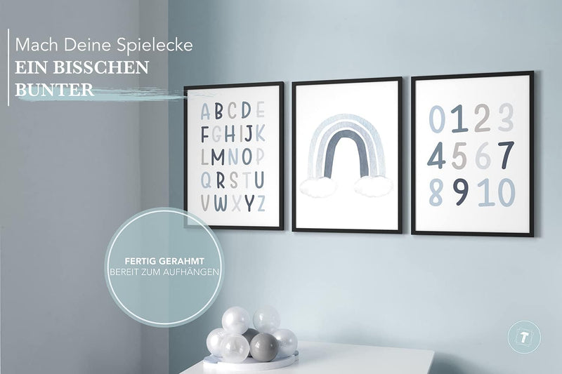 Papierschmiede® Kinderbilder 3er Set Lernposter, A4 gerahmt in Holzrahmen (schwarz), Geschenk für Ju